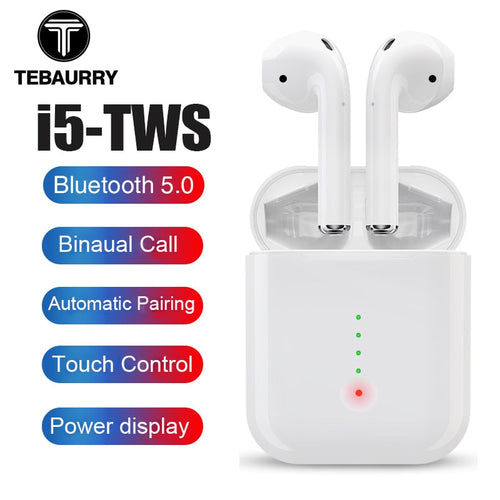 TEBAURRY i5 TWS Bluetooth 5.0 Wireless Headset Touch Control Cordless Earphone